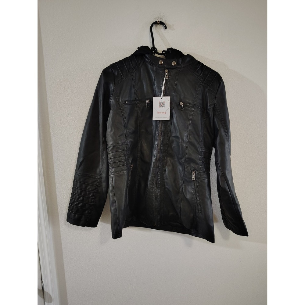 Tanming Womens Faux Leather Moto Biker Jacket Black Removable Hood Large NWT